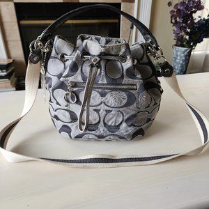Coach Bucket Drawstring Grey Silver Leather Canvas